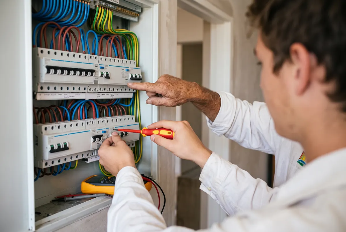 An experienced electrician guiding an apprentice working on a distribution board