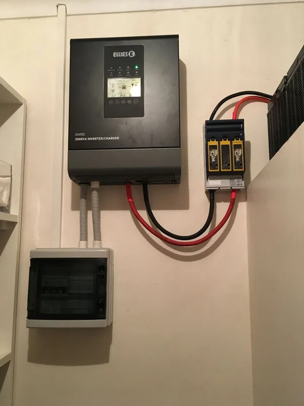 Wall-mounted inverter with battery fuse holder and a separate circuit breaker enclosure