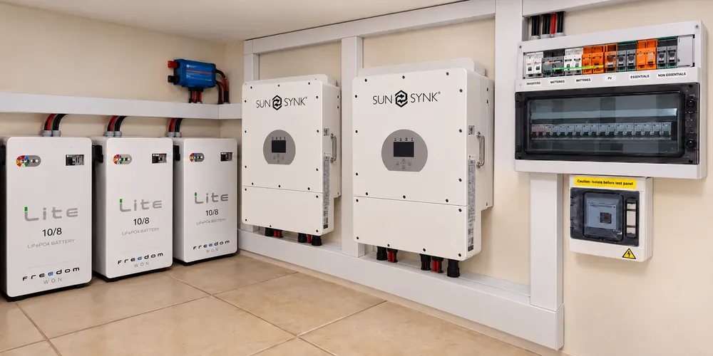 Plant room with two Sunsynk hybrid inverters, three lithium batteries and a labelled distribution board