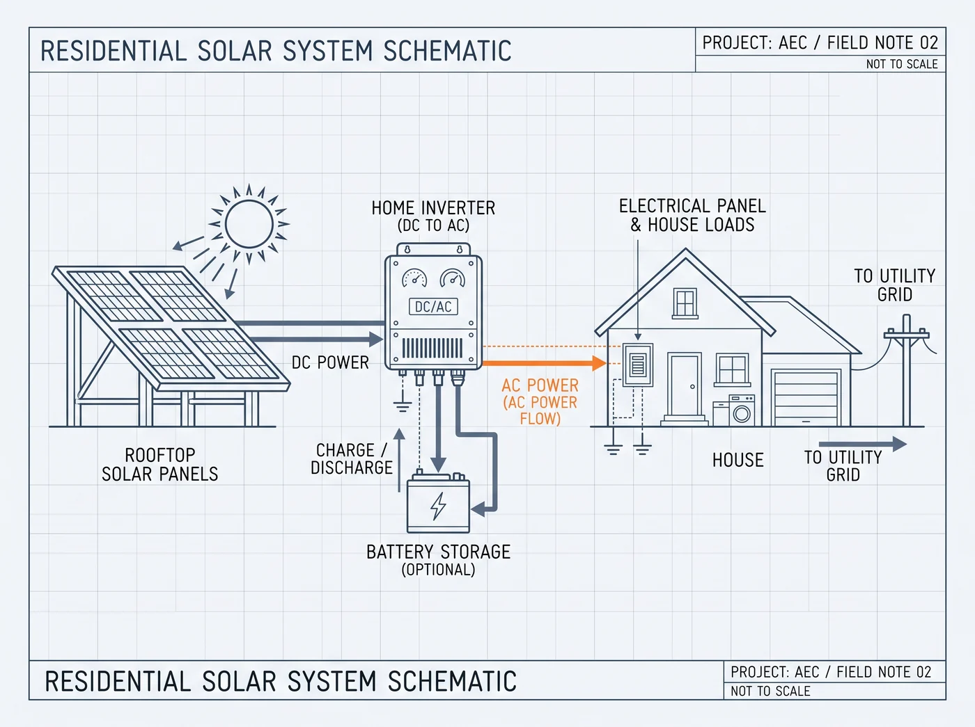 Diagram showing rooftop solar panels, a home inverter, optional battery storage, a home's electrical panel, and a utility-grid connection